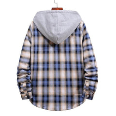 Men's Long Sleeve Flannel Brushed Check Hooded Casual Shirt Blue Brown